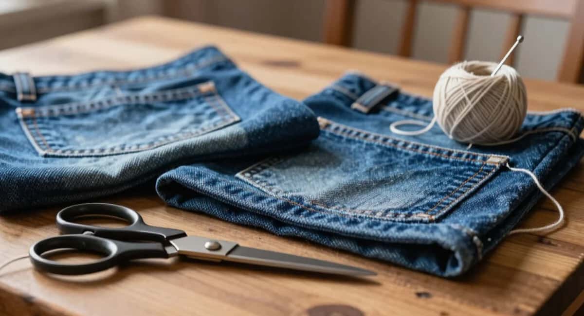 Джинсы, которые жалко выбросить, превращаю в коврики и прихватки: 6 простых идей — ножницы и нитка с иголкой