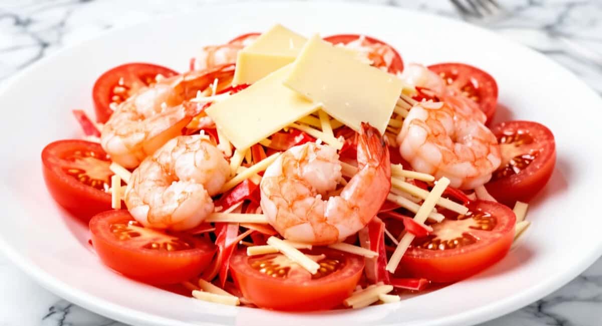 Салат на скорую руку "Красное море": креветки, помидоры, сыр — через 10 минут на столе, а вид как в дорогом ресторане