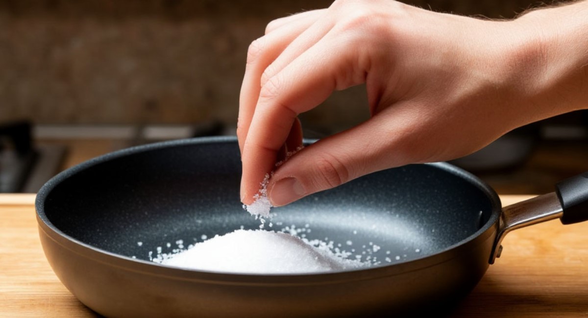 Нагреваю сковороду с солью 5 минут — и она как новая: никакого нагара, даже оттирать не надо